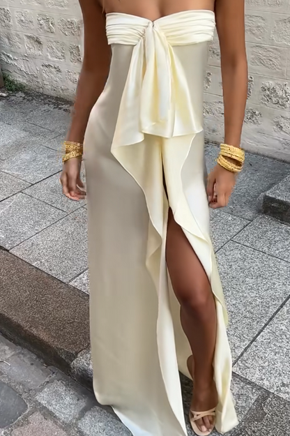 Simple Strapless Sheath Long Prom Dresses Chiffon Yellow Party Dresses