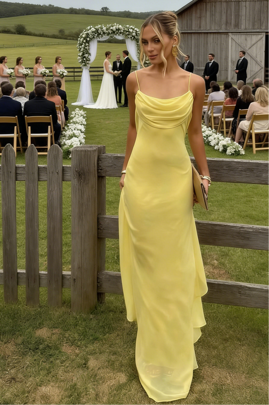 Simple Yellow Wedding Guest Dress Chiffon Sheath Spaghetti Straps Evening Dress