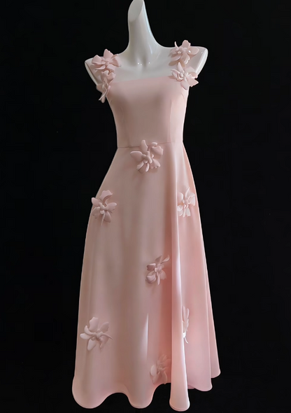 Cute Long Pink Prom Dress Straps Satin Evening Dress A-Line Birthday Dress