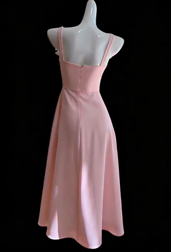Cute Long Pink Prom Dress Straps Satin Evening Dress A-Line Birthday Dress
