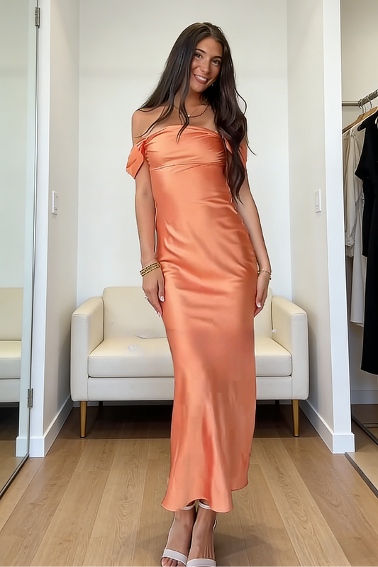 Gorgeous Orange Wedding Guest Dress Satin Prom Dress Off-shoulder Sheath Prom Dress