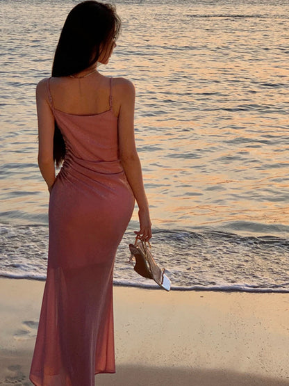 Modest Mermaid Spaghetti Strap Pink Sequin Slit High Evening Dresses