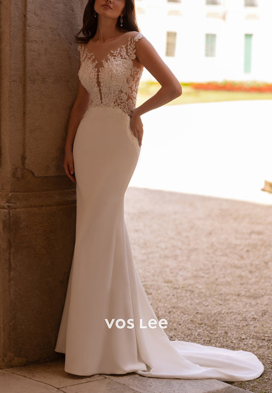 Illusion Neck Beaded Appliques Lace Mermaid Wedding Dresses with Sweep Train