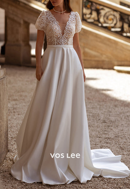 Short Sleeve V Neck A-Line Appliques Lace Wedding Dresses with Court Train