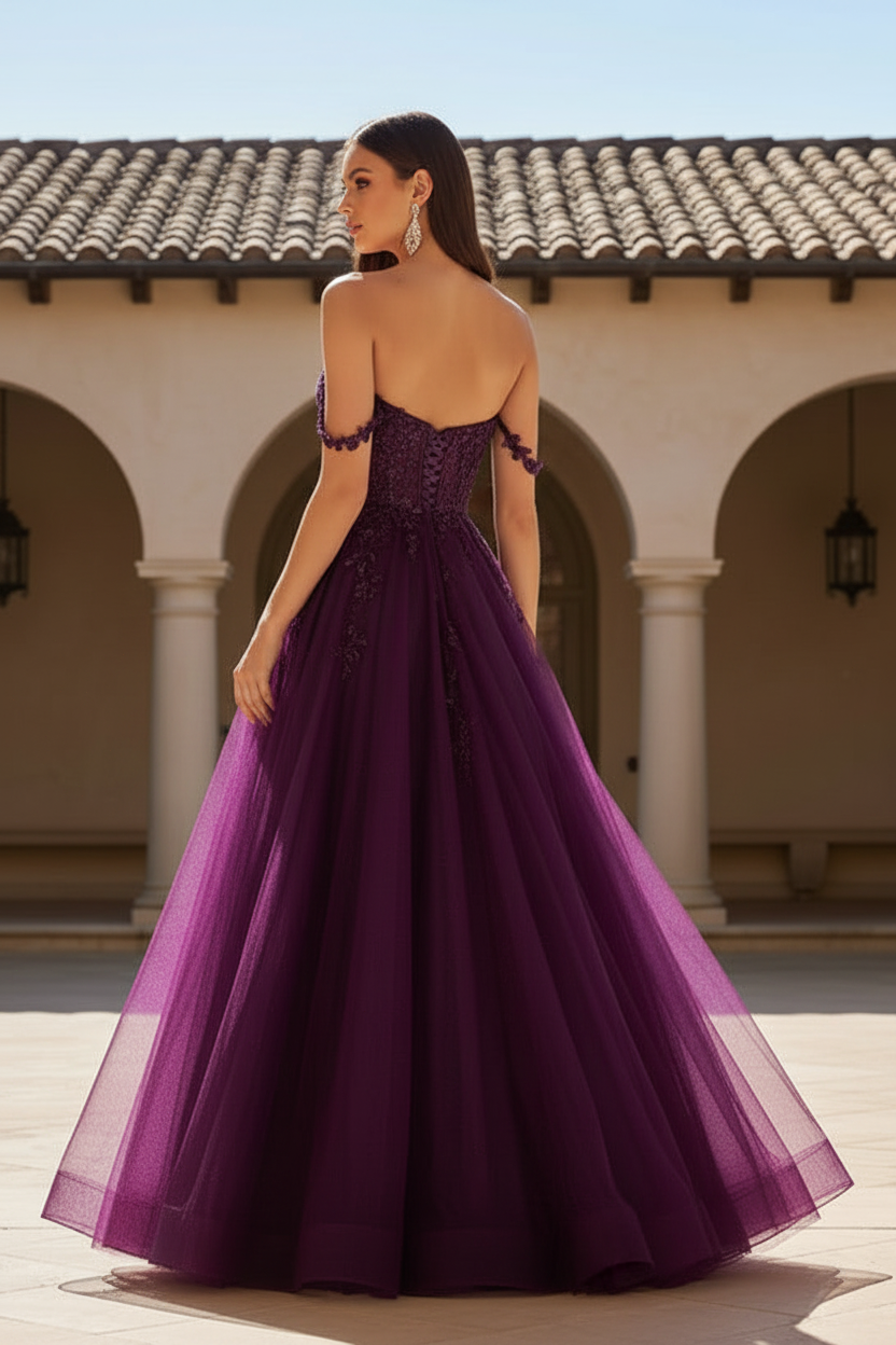 Charming A-Line Off Shoulder Sleeveless High Split Lace Appliques Tulle Sparkly Prom Formal Dress
