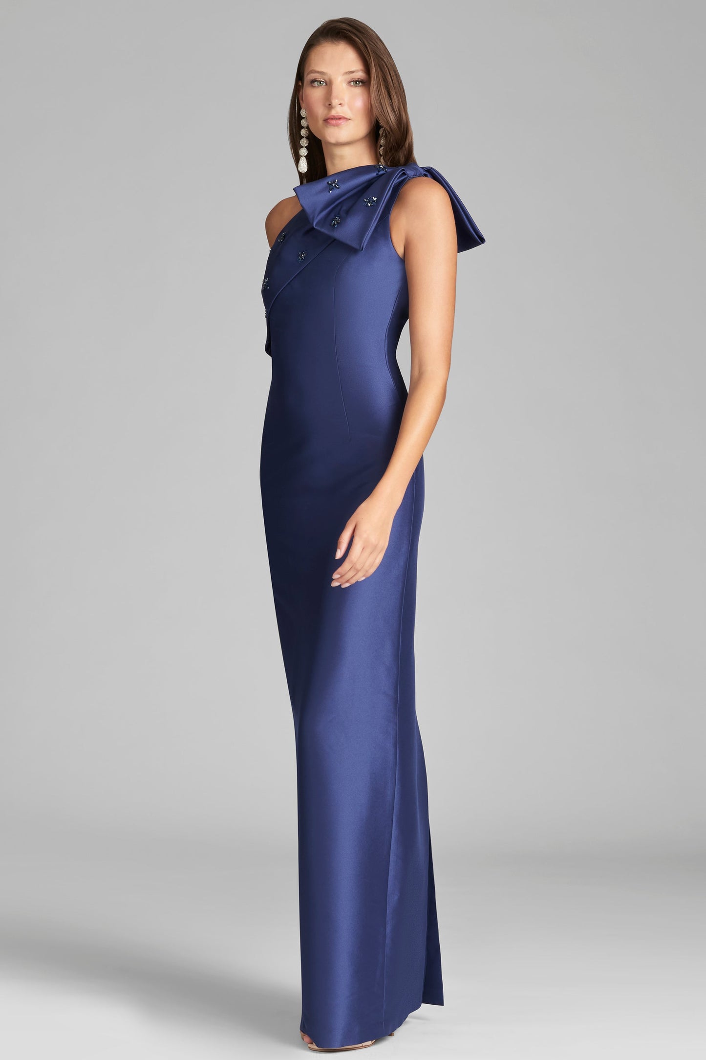 Navy Blue One-Shoulder Satin Evening Gown with Bow Detail
