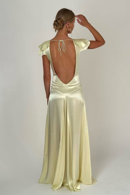 Charming A Line Deep V Neck Light Yellow Long Prom Dress with Open Back