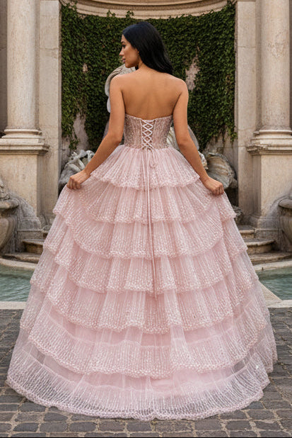 Elegant Blush Pink Sweethear Lace Up Tiered Tulle Prom Dress with Sparkle