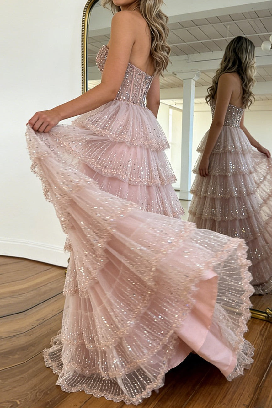 Elegant Blush Pink Sweethear Lace Up Tiered Tulle Prom Dress with Sparkle