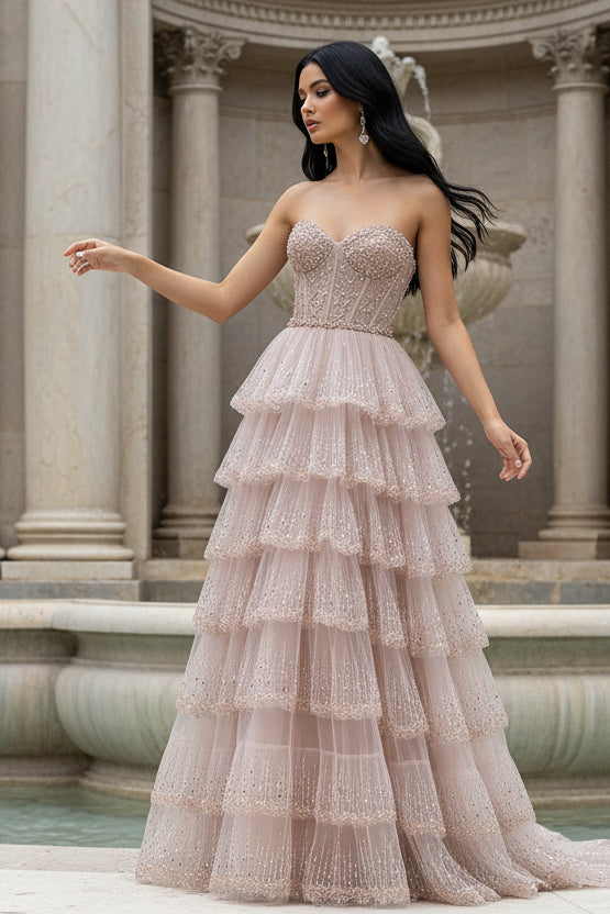 Elegant Blush Pink Sweethear Lace Up Tiered Tulle Prom Dress with Sparkle