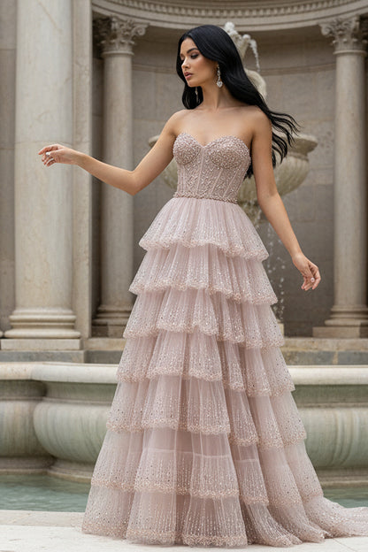 Elegant Blush Pink Sweethear Lace Up Tiered Tulle Prom Dress with Sparkle