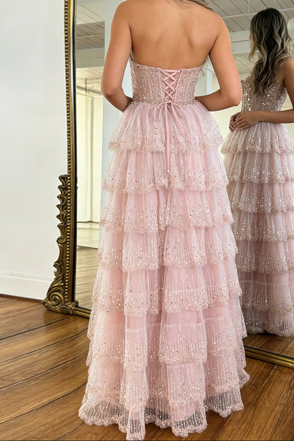 Elegant Blush Pink Sweethear Lace Up Tiered Tulle Prom Dress with Sparkle