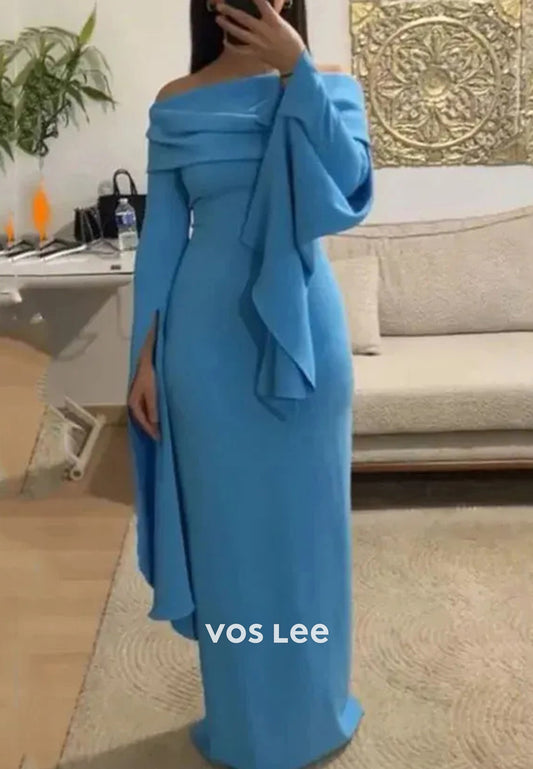 Simple and Sexy Long Sleeve Off the Shoulder Pleated Mermaid Evening Dresses