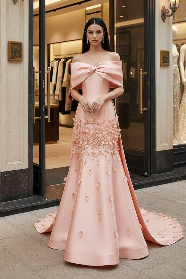 Elegant Peach Satin Off-the-Shoulder 3D Floral Prom Dress