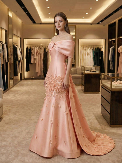 Elegant Peach Satin Off-the-Shoulder 3D Floral Prom Dress