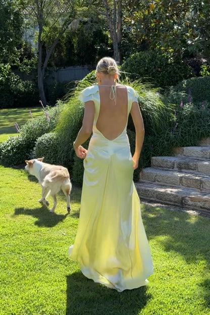 Charming A Line Deep V Neck Light Yellow Long Prom Dress with Open Back