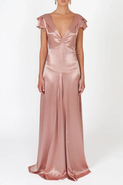 Charming A Line Deep V Neck Light Yellow Long Prom Dress with Open Back