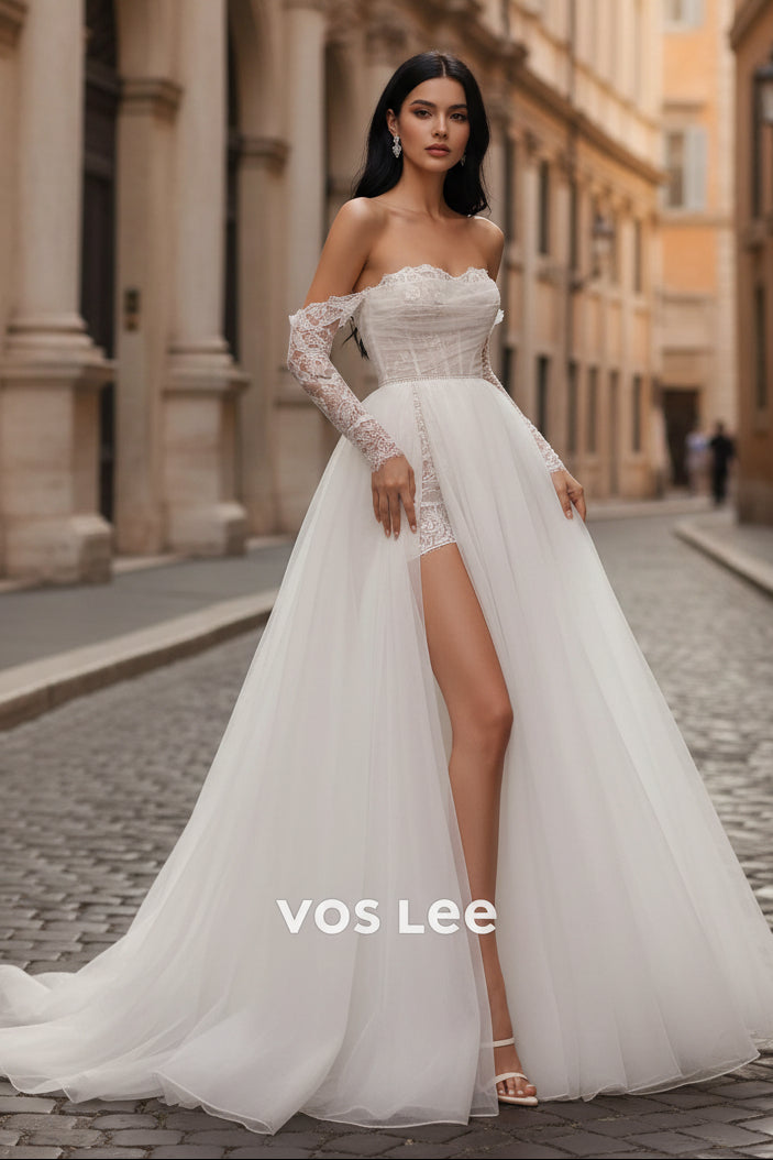 Elegant Off-the-Shoulder Tulle Mermaid Wedding Dress With Lace Appliques