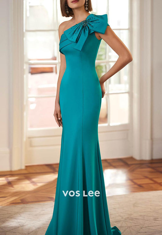 One Shoulder Pleated Bowknot Mermaid Mother of Bride Dresses with Sweep Train