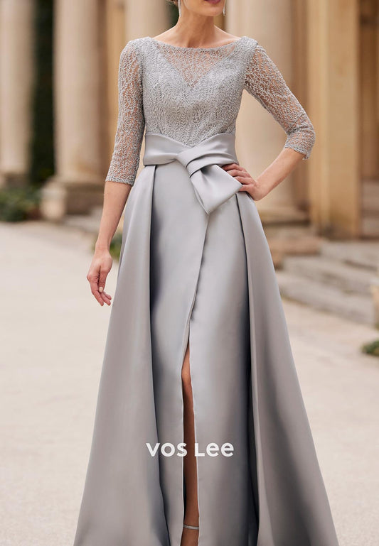 Ornate 3/4 Sleeve A-Line Scoop Floor-Length Mother of Bride Dresses with High Split