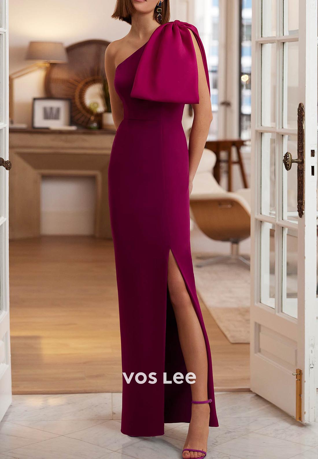 One Shoulder Bowknot Pleated Floor-Length Mermaid Mother of Bride Dresses with Slit