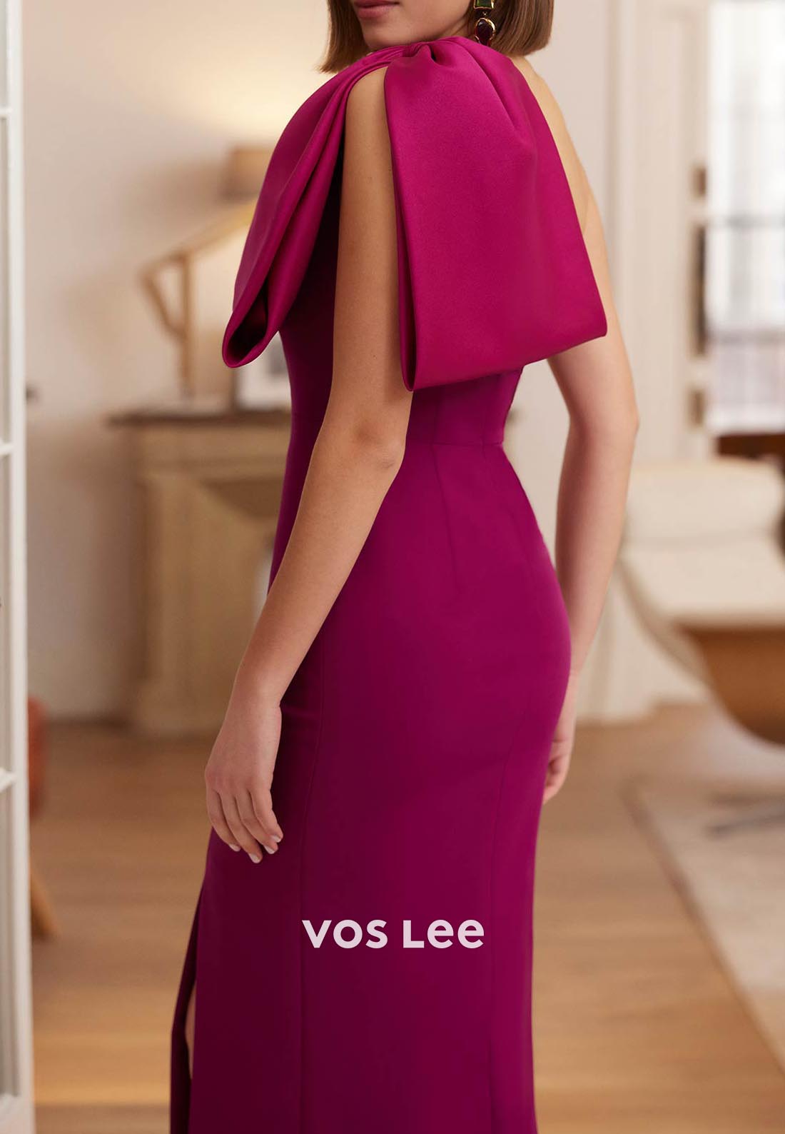 One Shoulder Bowknot Pleated Floor-Length Mermaid Mother of Bride Dresses with Slit