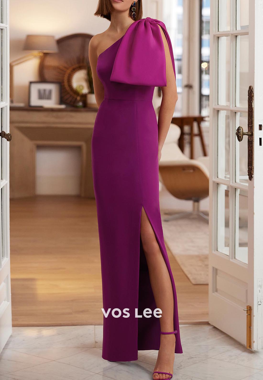 One Shoulder Bowknot Pleated Floor-Length Mermaid Mother of Bride Dresses with Slit