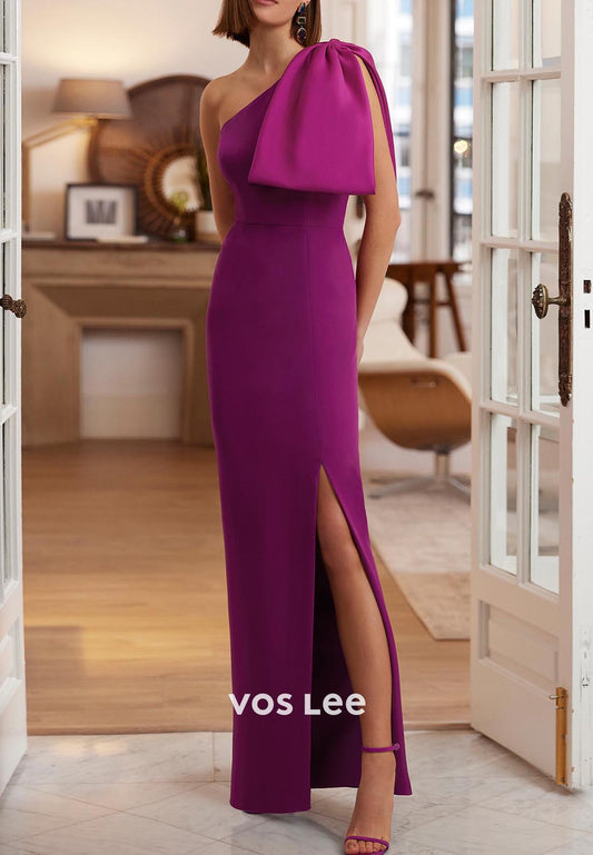 One Shoulder Bowknot Pleated Floor-Length Mermaid Mother of Bride Dresses with Slit