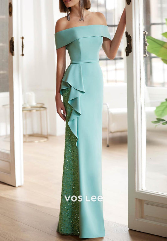 Simple Off the Shoulder Floor-Length Sequins Pleated Mermaid Mother of Bride Dresses