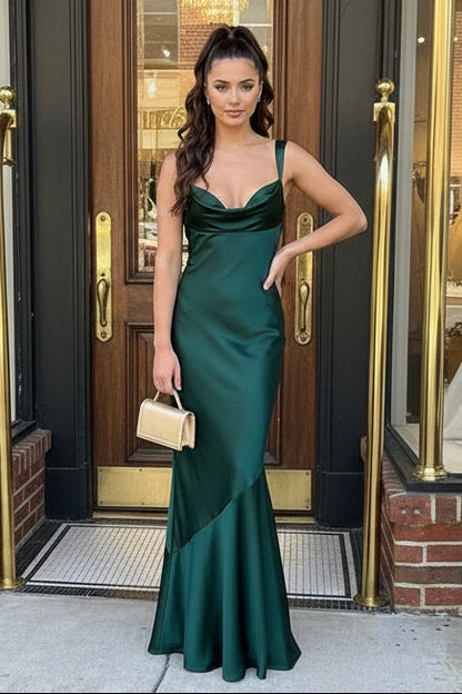 Emerald Green Satin Cowl Neck Mermaid Backless Prom Dress