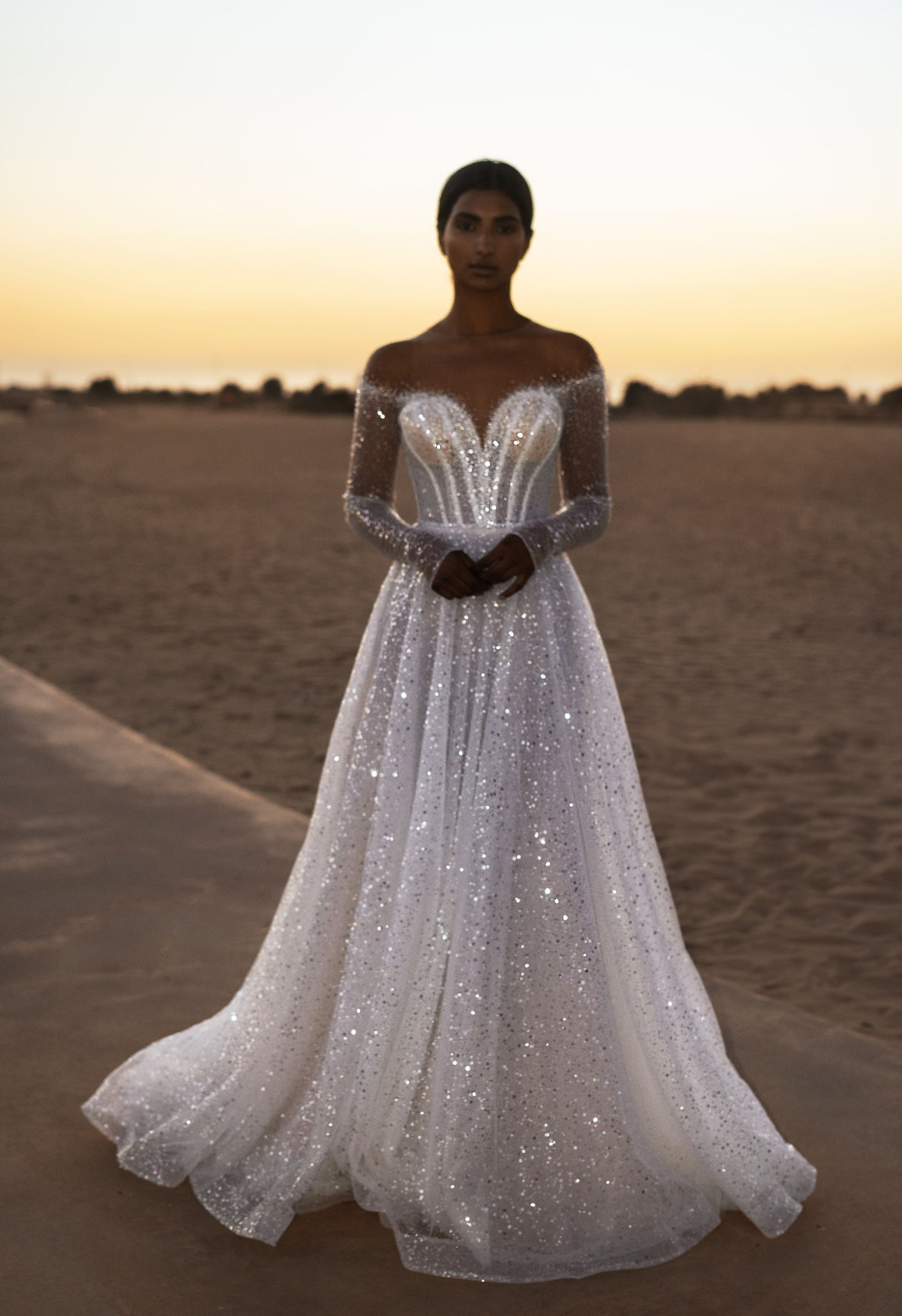 Elegant A-Line Beads Wedding Dress with Long Sleeves