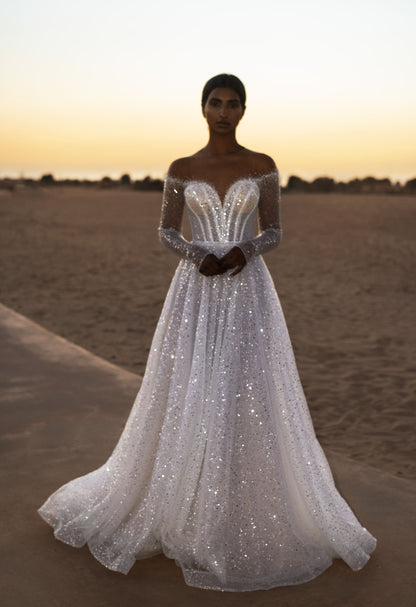 Elegant A-Line Beads Wedding Dress with Long Sleeves