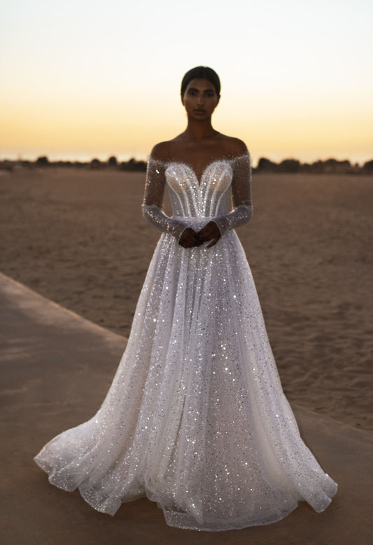Elegant A-Line Beads Wedding Dress with Long Sleeves
