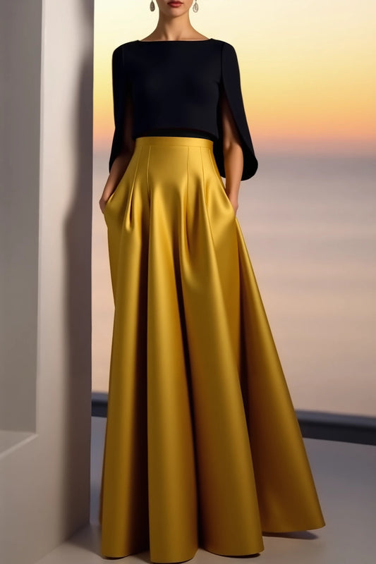 Black and Gold Color Block Maxi Dress | Long Sleeve A-Line Evening Gown