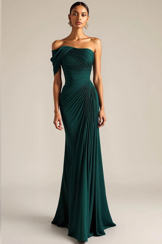 Emerald Green One Shoulder Mermaid Dress | Pleated Evening Gown