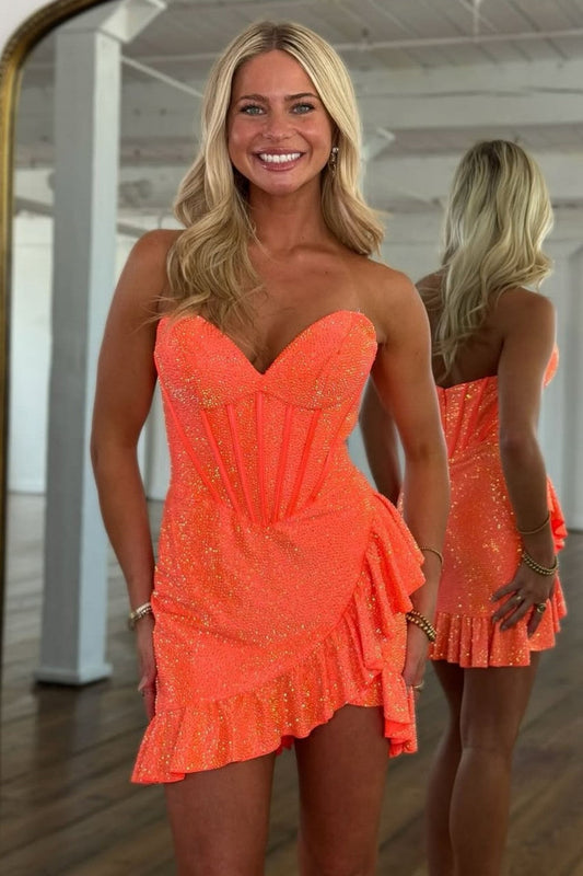 Stunning Bodycon Sweetheart Orange Short Homecoming Dress with Beading