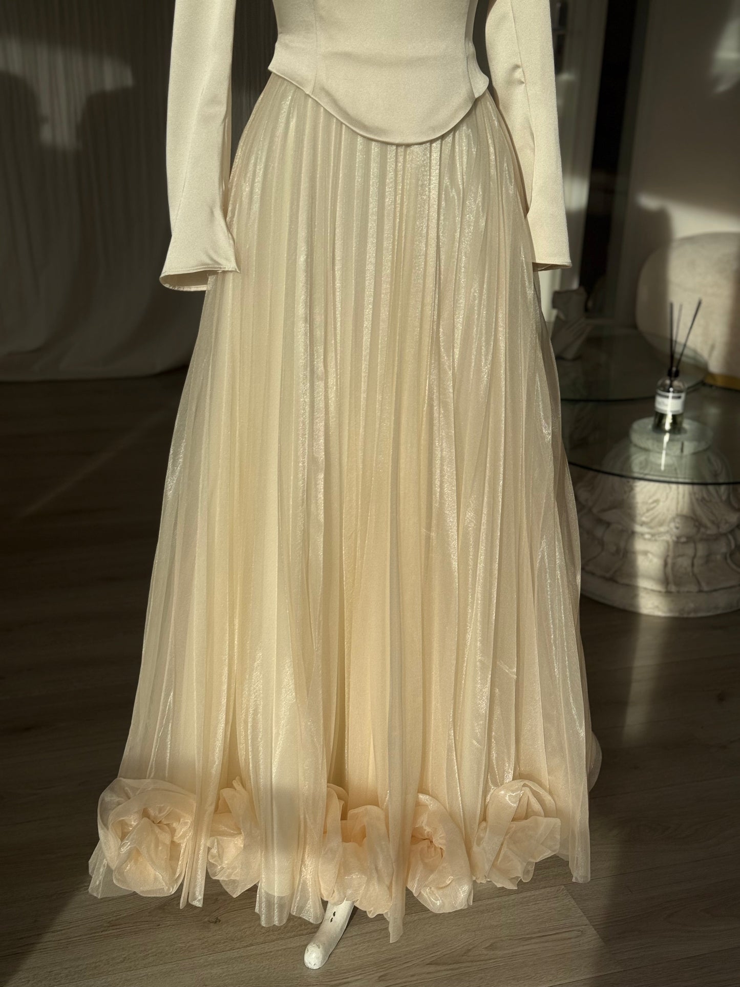 High Neck Long Sleeve Satin Top Pleated Chiffon  Formal Dress