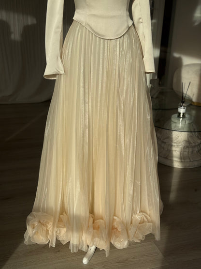 High Neck Long Sleeve Satin Top Pleated Chiffon  Formal Dress