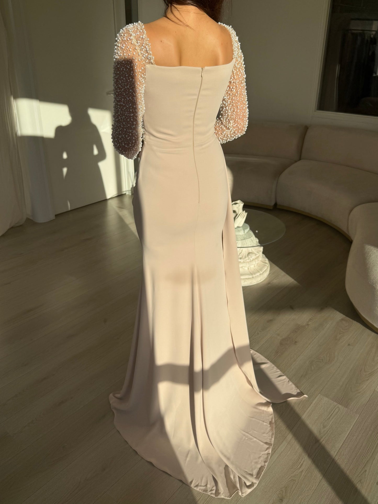 Champagne Off-Shoulder Evening Gown with Pearl Embellished Long Sleeves