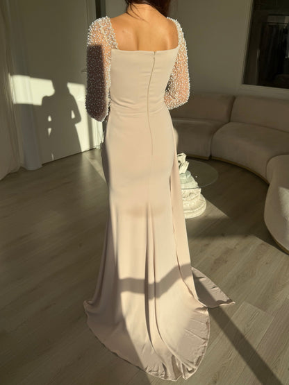 Champagne Off-Shoulder Evening Gown with Pearl Embellished Long Sleeves