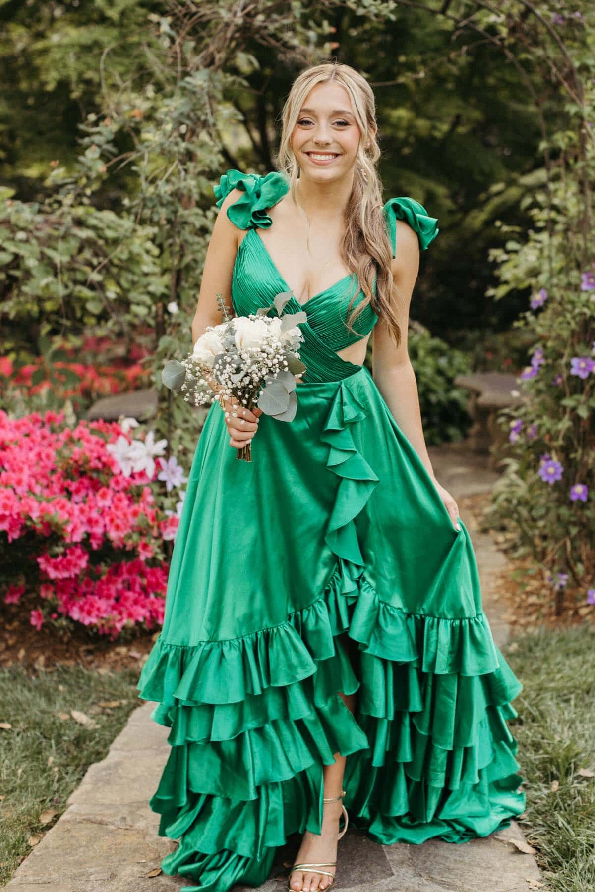 Strapless Champagne Ruffle Long Dress with Side Slit