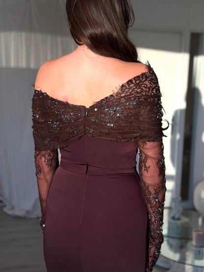 Brown Off Shoulder Long Sleeve Sequin Tassel Mermaid Evening Gown