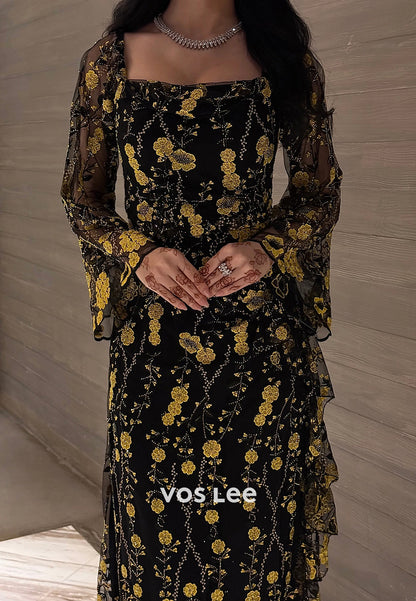 Simple Long Sleeve Square Ankle-Length Appliques Lace Sheath Evening Dresses