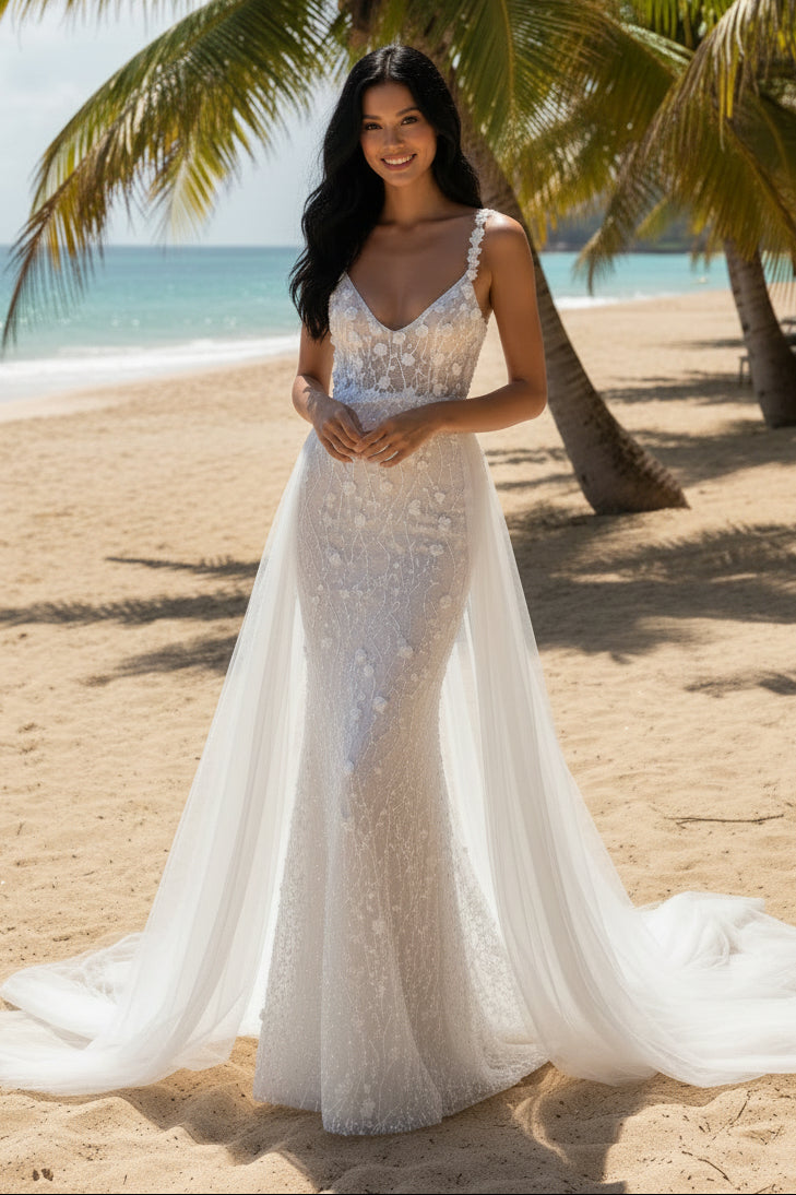 Sparkly 3D Floral Lace Mermaid Wedding Dress with Detachable Tulle Train