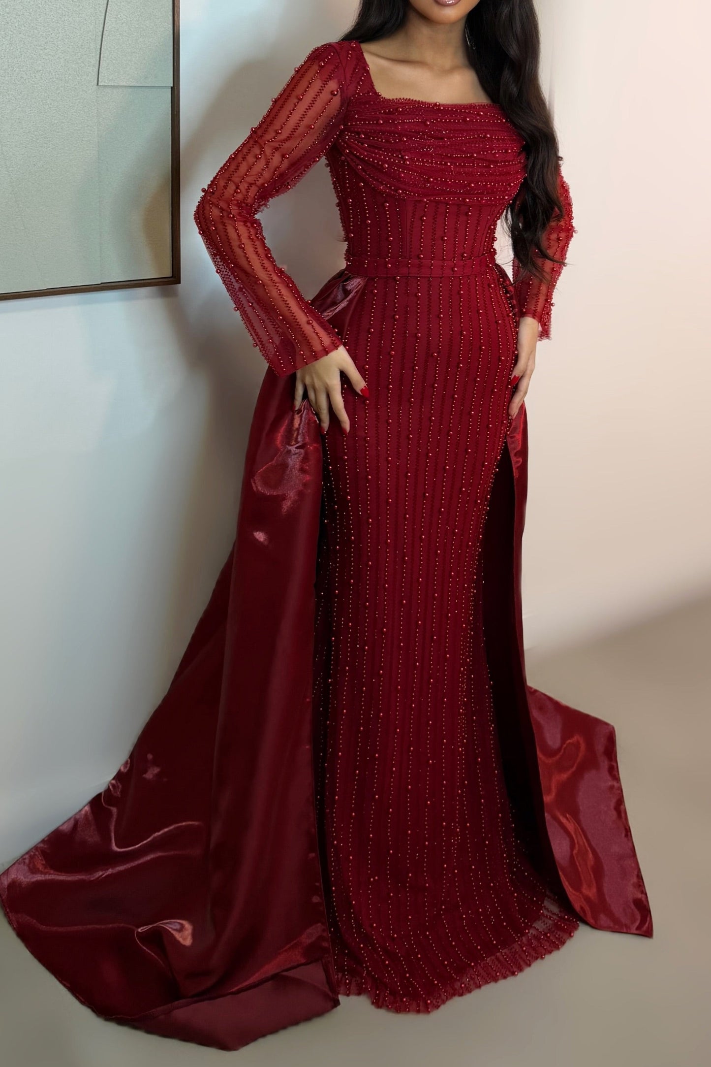 Olive Green Square Neck Beaded Mermaid Evening Gown with Sheer Sleeves