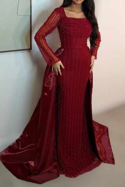 Olive Green Square Neck Beaded Mermaid Evening Gown with Sheer Sleeves