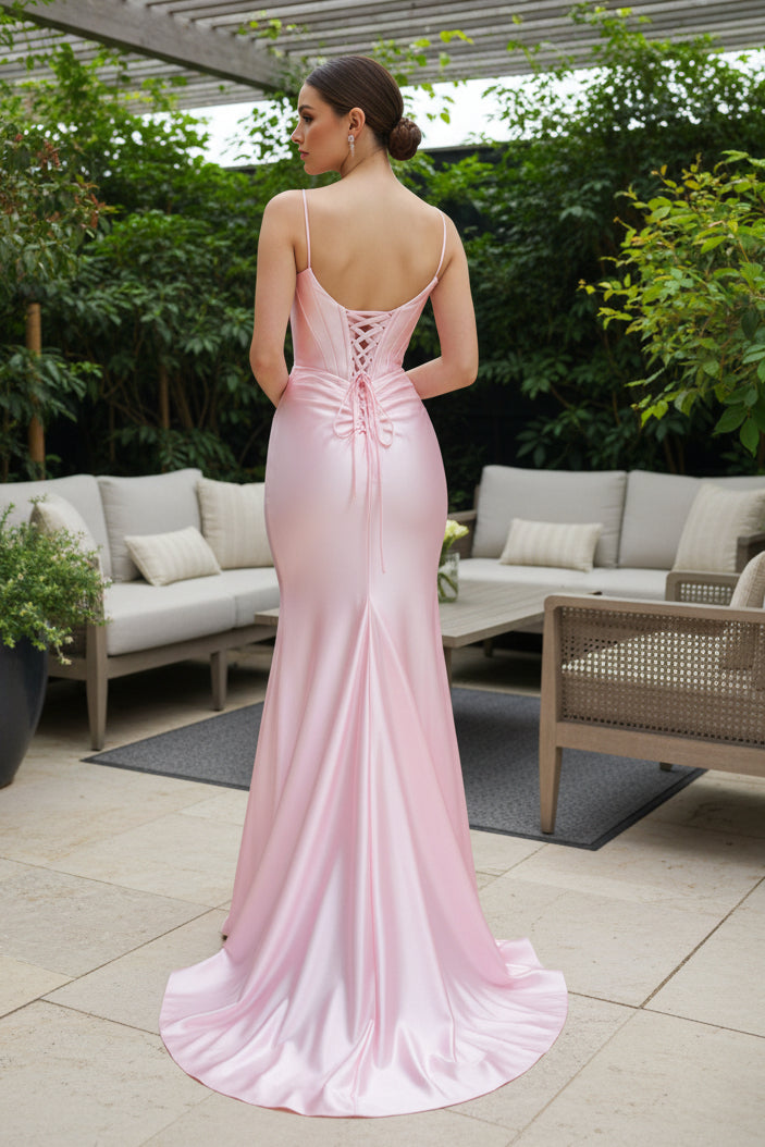Sweetheart Simple Sleek Satin Corset Mermaid Prom Dress With Split