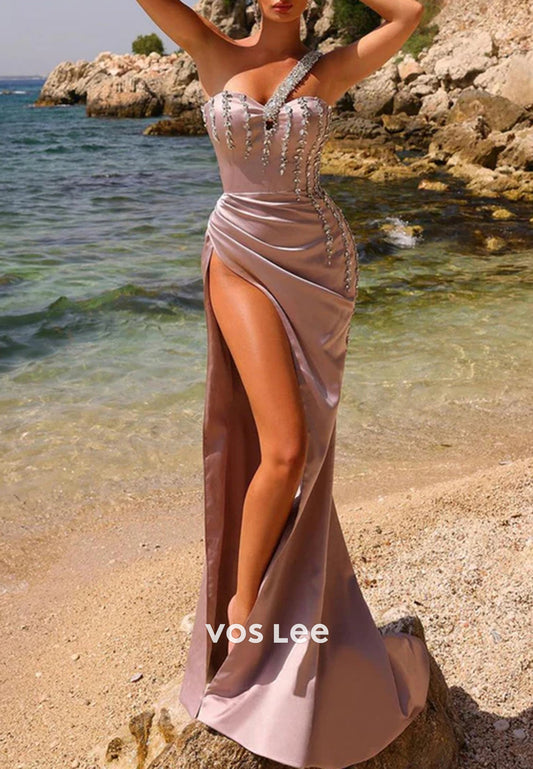 One Shoulder Rhinestone Sweetheart Pleated Mermaid Evening Dresses with  High Split