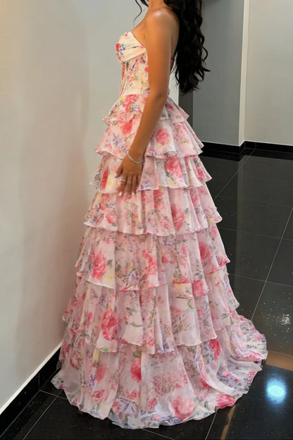 Fairytale Pink Floral Strapless Prom Dress with Corset Bodice and Ruffle Skirt