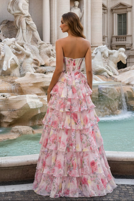 Fairytale Pink Floral Strapless Prom Dress with Corset Bodice and Ruffle Skirt